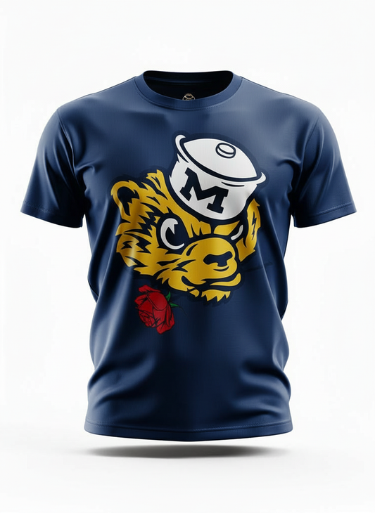 Navy Blue t-shirt with a wolverine head design and letter 'M' on a white background