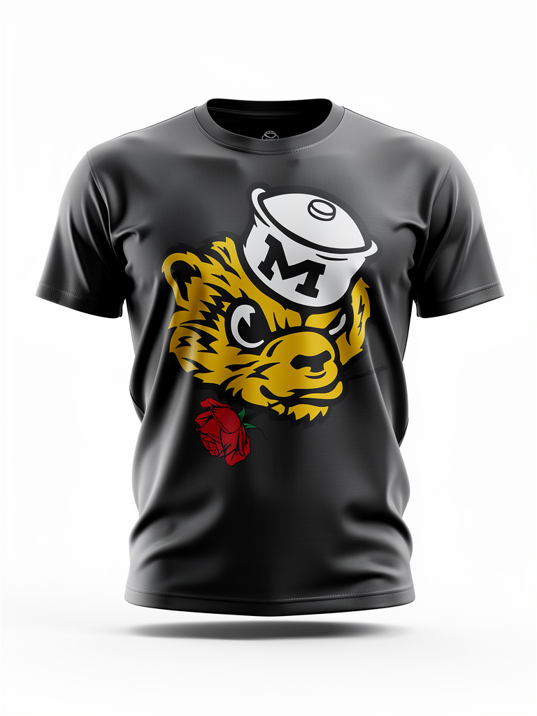 Black t-shirt with a wolverine head design and letter 'M' on a white background