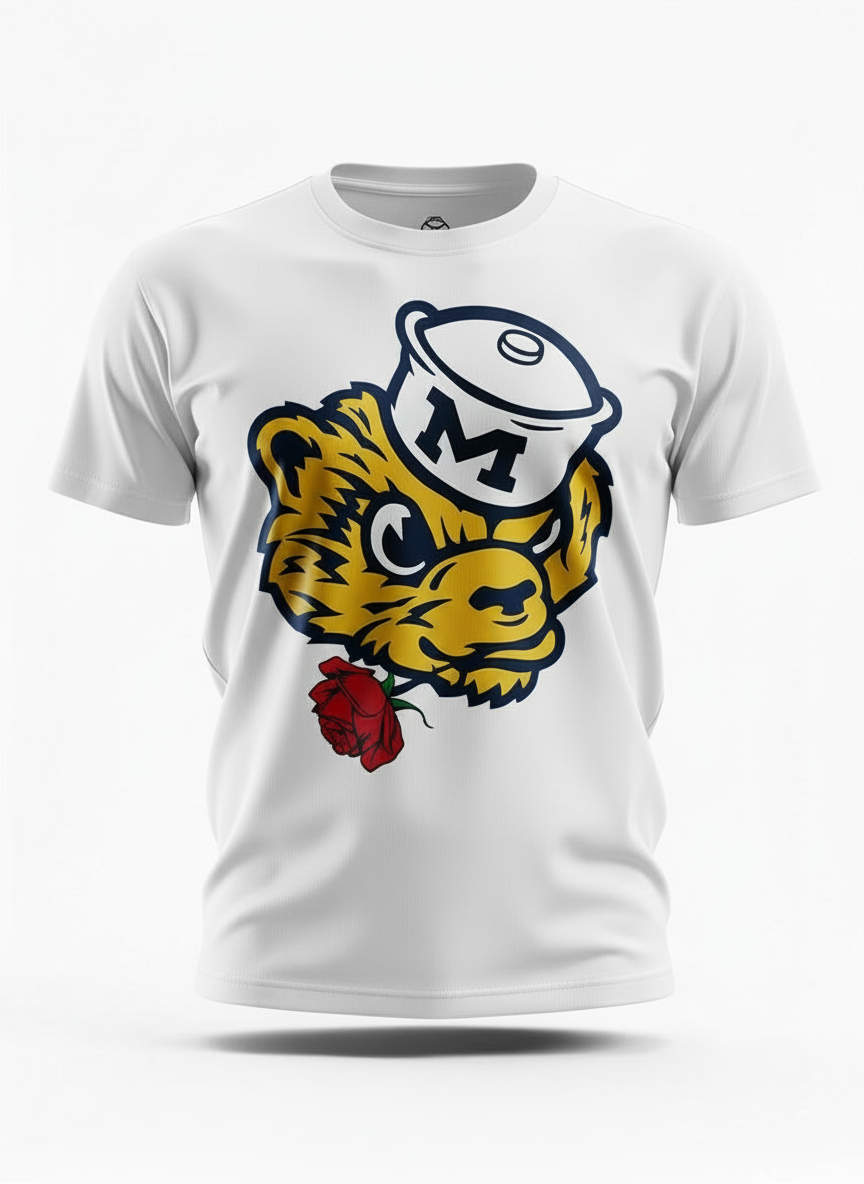 White t-shirt with a wolverine head design and letter 'M' on a white background