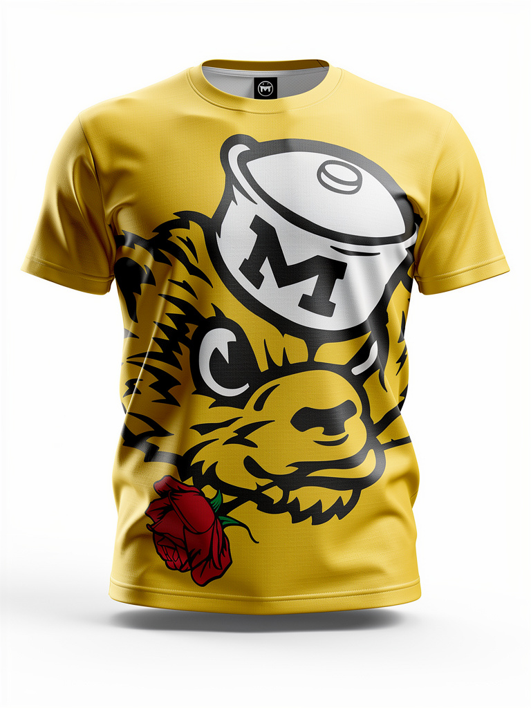 Yellow t-shirt with a wolverine head design and letter 'M' on a white background